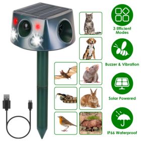 Solar & Type-C Rechargeable Animal Repeller - 3 Modes Ultrasonic+Buzzer+Vibration, IP66 Waterproof, 2200mAh Battery, Repels Moles Bats Squirrels Birds