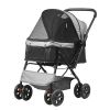 Pet Stroller, 4 Wheels Dog Stroller Rotate with Brakes, 44lbs Weight Capacity, Puppy Stroller with Reversible Handlebar, Storage Basket and Zipper, f